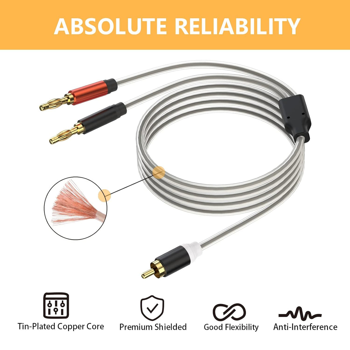 HOSONGIN RCA to Banana Plug Speaker Cable 6 Feet -2 Pack, Gold-Plated Dual-Shielding Hi-Fi Stereo Cable for Home Theater/Amplifier/Subwoofer/Speaker/Audio Receiver/Vinyl Record Player/SoundBar