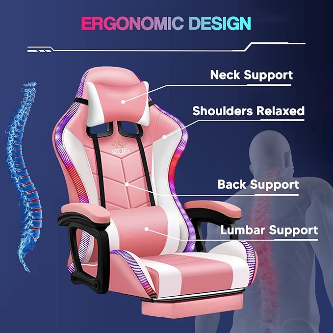 Gaming Chair for Adults with Speakers Massage Computer Office Chair RGB Gamer Chair with Footrest and Lumbar Support Music Video Game Chair High Back PU Leather Ergonomic Desk PC ChairPink