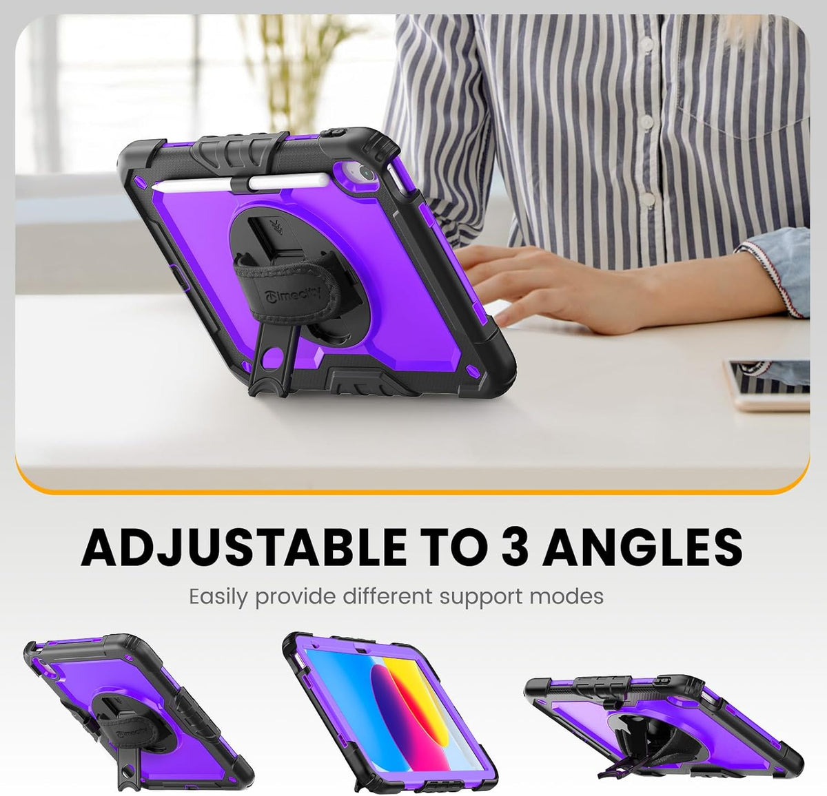timecity for iPad (A16) 11th/ 10th Generation Case 11''/ 10.9 Inch (2025/2022) - Heavy Duty Protective Cover with Screen Protector, Stand, Shoulder Strap & Pencil Holder | Kids-Friendly - Purple