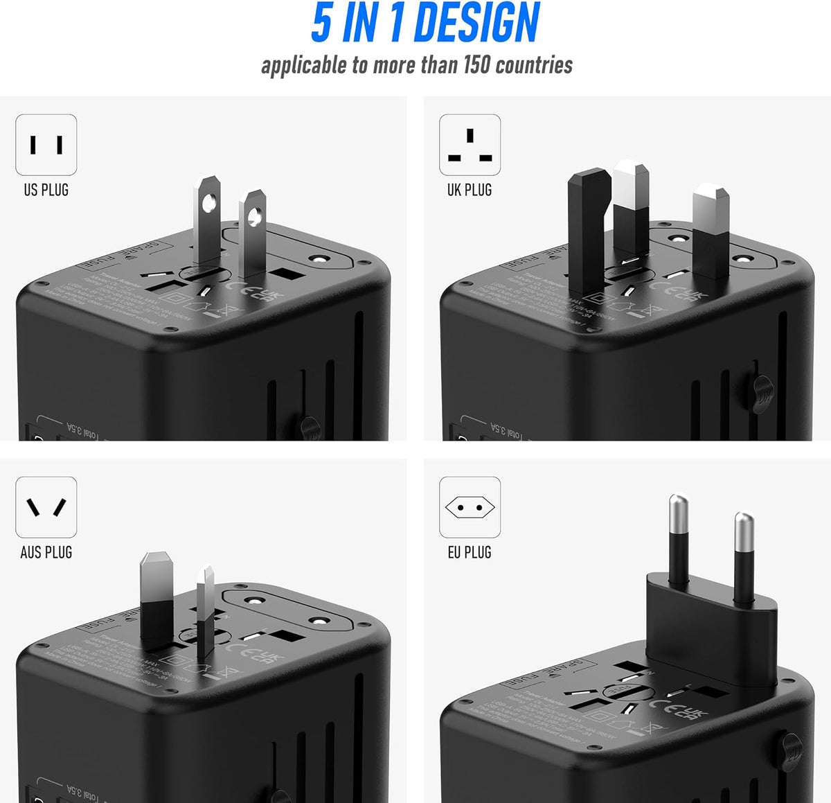 Universal International Power Travel Plug Adapter, 5 in 1 European Travel Plug Adapter W/ 3.5A 2xUSB-A and 2xUSB C Wall Charger and Worldwide AC Outlet for Europe USA UK AUS(Rose Gold)