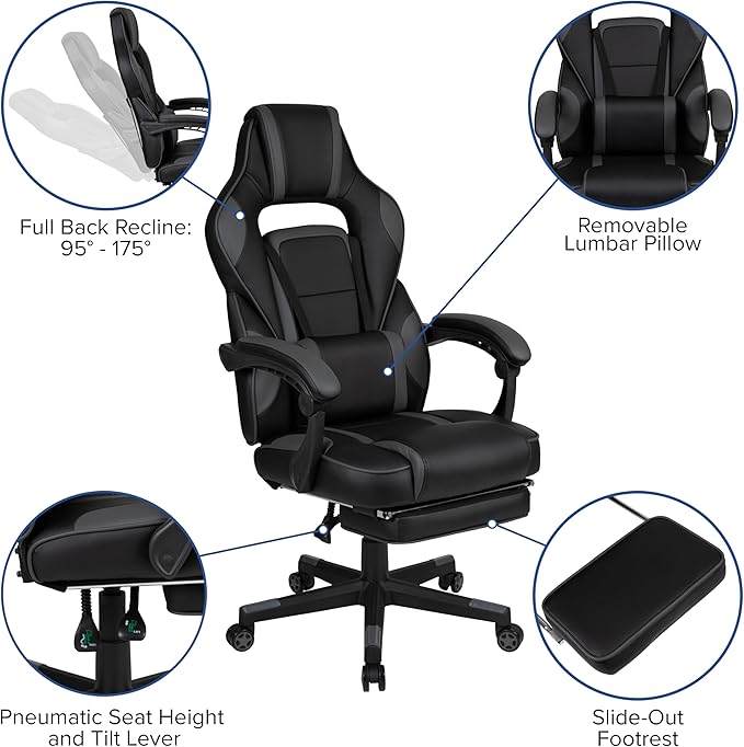 BizChair Black Gaming Desk with Cup Holder/Headphone Hook/2 Wire Management Holes &amp Black Reclining Back/Arms Gaming Chair with Footrest