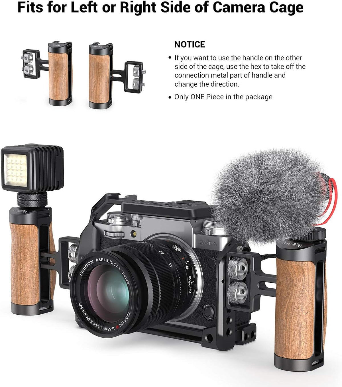 SMALLRIG Wooden Mini Handle Side Handgrip with 1/4"-20 Screws for Mirrorless Digital Camera DSLR Camera Small Camera Cage with Cold Shoe Mount Built-in Wrench, Up and Down Adjustable - 2913