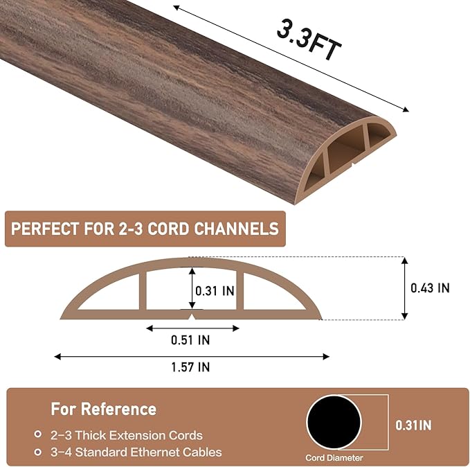 Floor Cord Cover Self Adhesive Cord Hider Floor Extension Cord Covers for Floor Power Cord Protector Cable Management Prevent Cable Trips Cable Cavity 0.51" W x 0.31" H (Smoked Brown Wood, 3.3Ft)