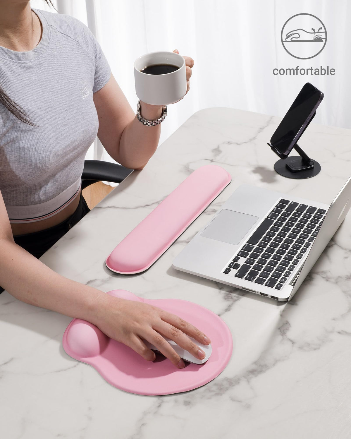 Laborio Ergonomic Mouse Pad Wrist Support Set, Memory Foam Keyboard Wrist Rest Set, Relieve Wrist Pain Keyboard Pad, Non-Slip Base Mousepad(Pink Set)