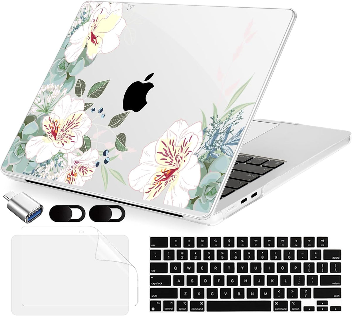 Compatible with MacBook Air 15 inch Case, M4 A3241/M3 A3114/M2 A2941 (Released 2025 to 2023), Hard Shell, Keyboard Cover, Screen Protector, Webcam Cover & Type-C Adapter, White Alstroemeria
