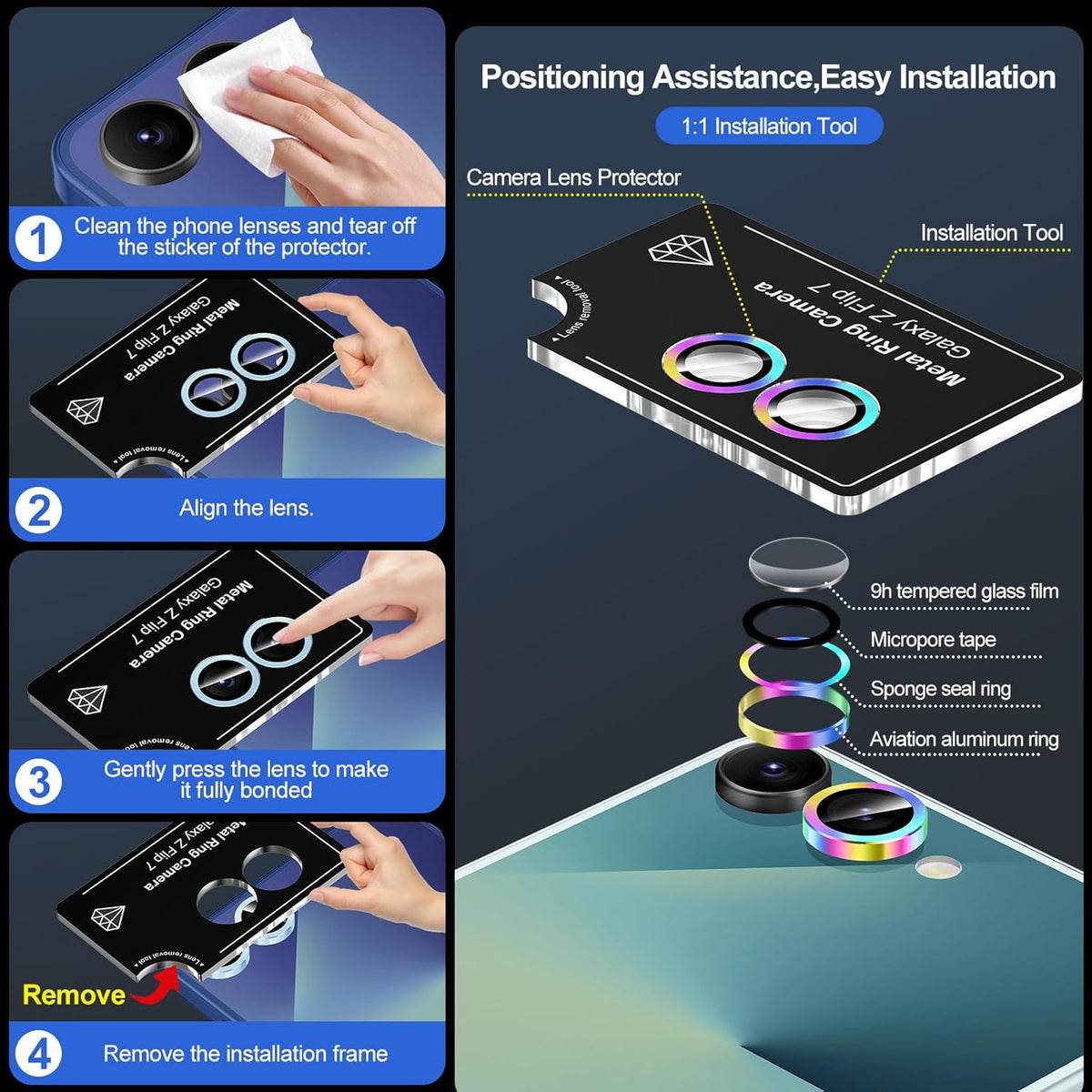 for Samsung Galaxy Z Flip 7 Camera Lens Protector, Individual Metal Ring Tempered Glass Lens Cover, [Strong Adsorption] Scratch Resistant Ultra-Thin HD Clear Lens Cover, 1 Set-Colorful