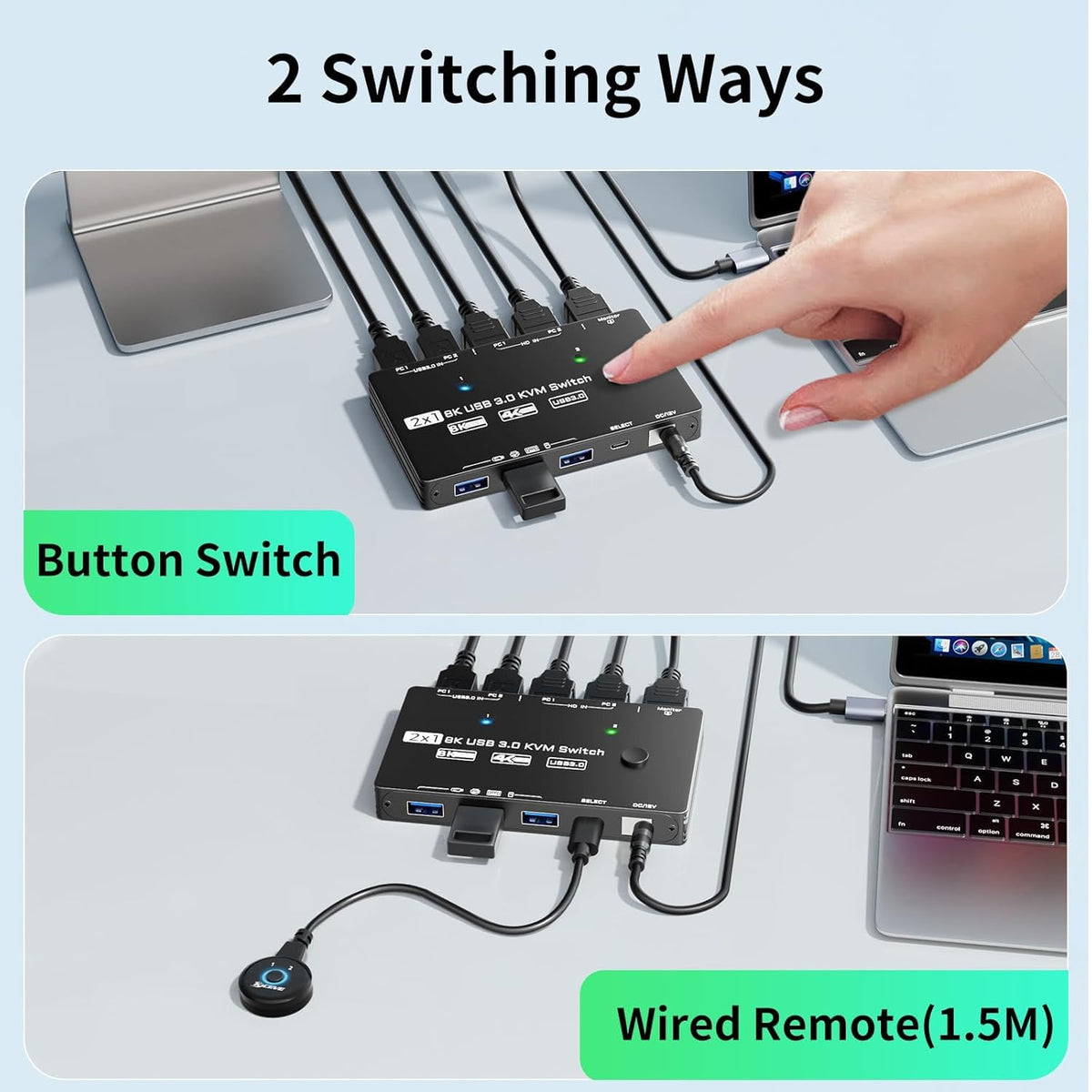 KVM Switch 1 Monitor 2 Computers 8K@60Hz, HDMI KVM Switches for 2 PC Sharing Single Monitor and Keyboard Mouse with Power Adapter, Wired Extend Controller and USB3.0 Cables