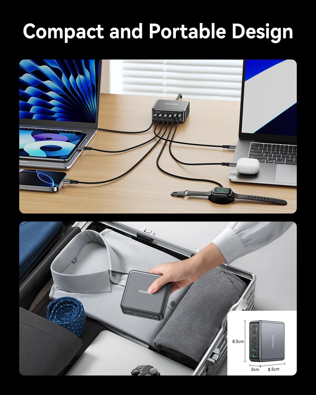 270W USB C Charger Block, Rocoren 6 Port Multi USB-C Charging Station,100W PD Fast USBC Gan Charger Station Hub Dock for Multiple Devices, Laptop Type C for MacBook/iPhone 16/iPad/Galaxy S25
