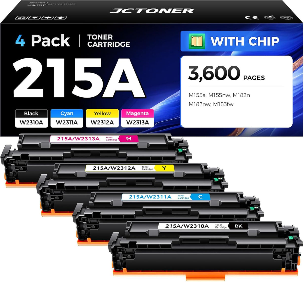 215A Toner Cartridge Set 4-Pack High Yield Replacement for HP 215A W2310A W2311A W2312A W2313A Compatible with HP Color LaserJet Pro MFP M182n M182nw M183fw M155a M155nw Printer Ink Black Magenta Cyan