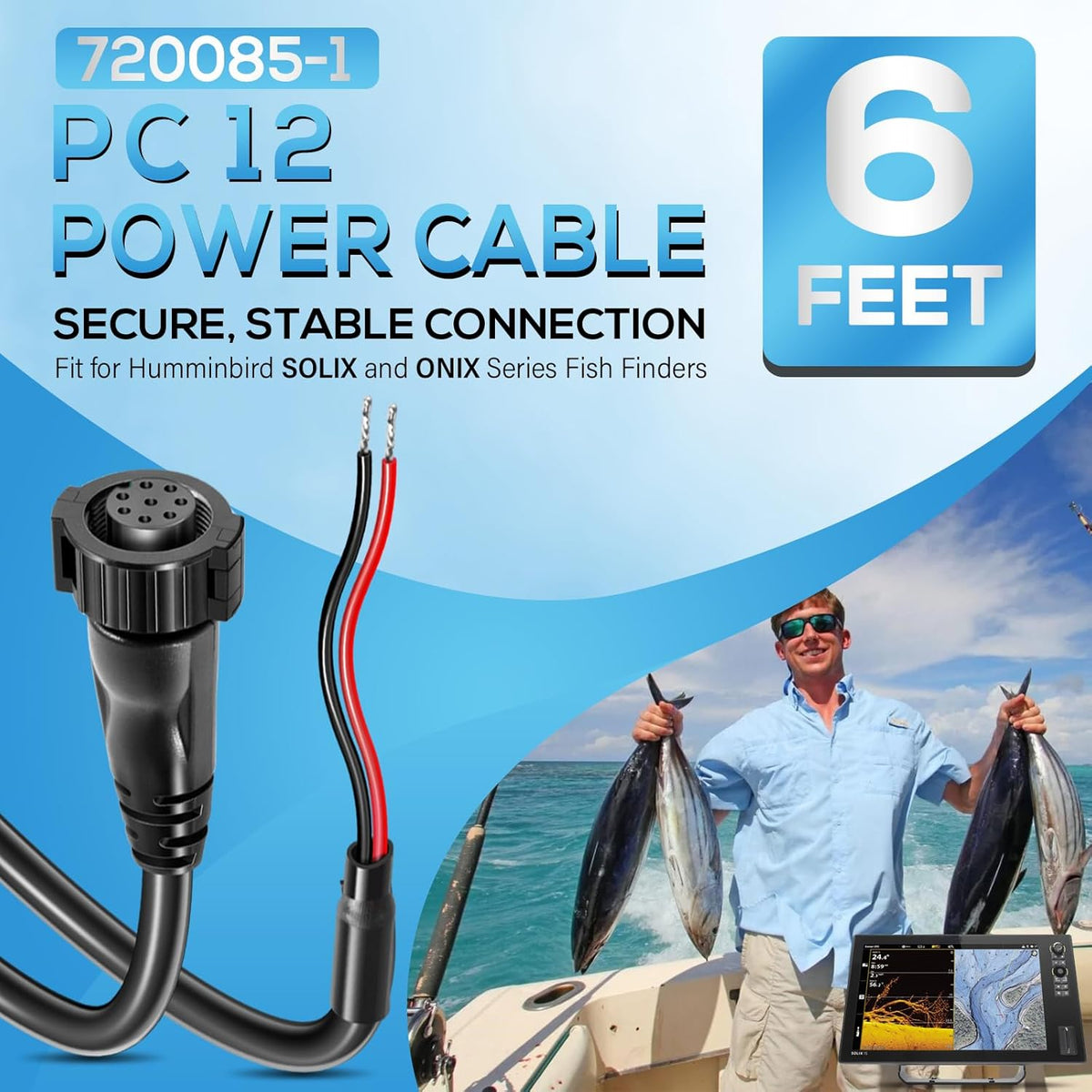 Bonbo 12 6' Humminbird 720085-1 (6 PC Power Cord Power Cable Fit for SOLIX and Onix Series Fish Finders Foot)