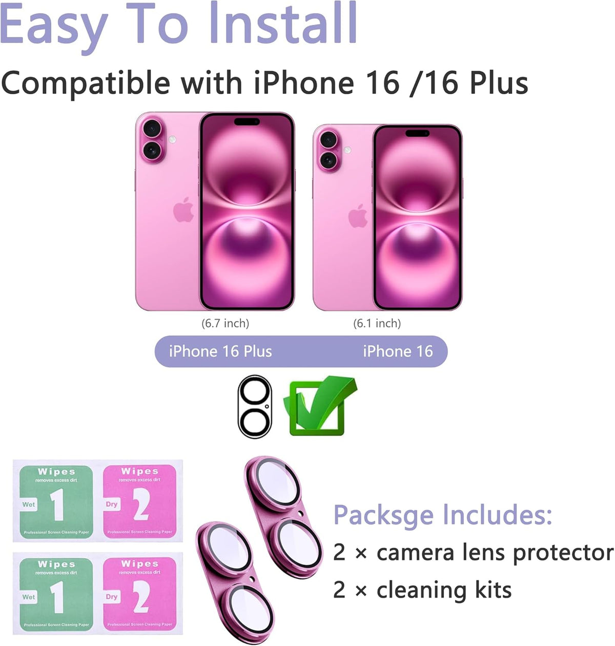 2 Pack Camera Lens Protector for iPhone 16 / iPhone 16 Plus,[Not Easy to Breakn ] AR Tempered Glass Strong Adsorption Metal Camera Cover Screen-Rose red
