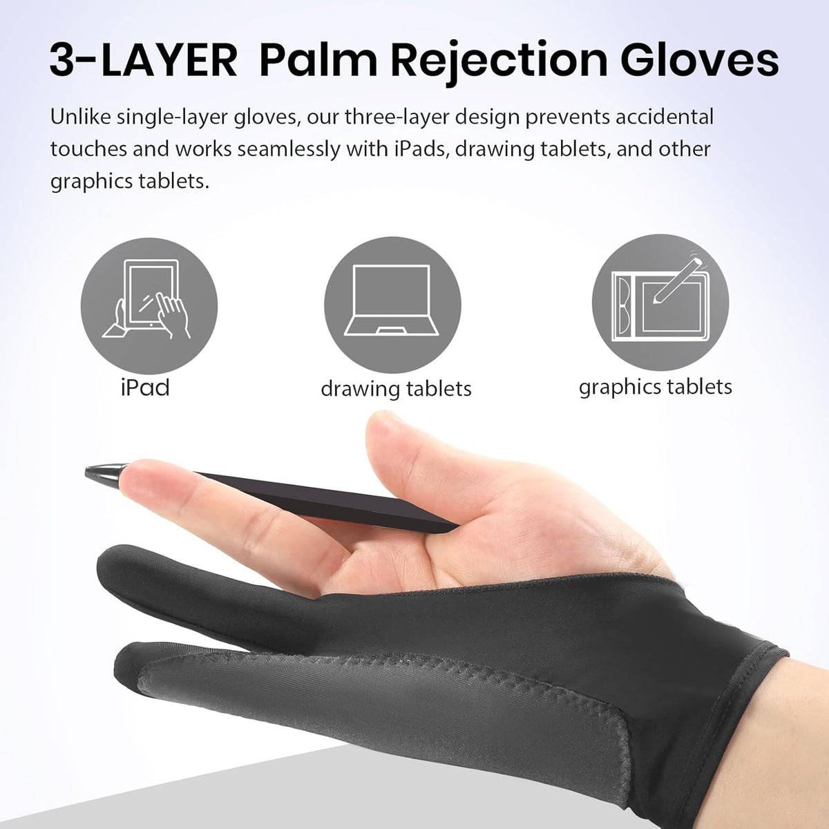Digital Drawing Glove: 3-Layer Palm Rejection, Two-Finger Artist Glove for Drawing Tablet, iPad, Paper Sketching, Fits Left and Right Hand, Includes Cleaning Cloth(2 Pack,Black,Small)