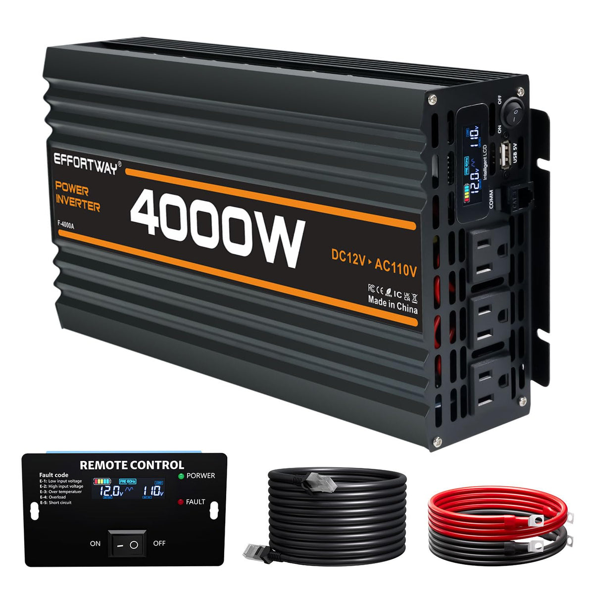 EFFORTWAY 4000W Power Inverter, 12V DC to 110V/120V Modified Sine Wave Inverter with 3 AC Outlets, USB Port, Wired Remote Contro