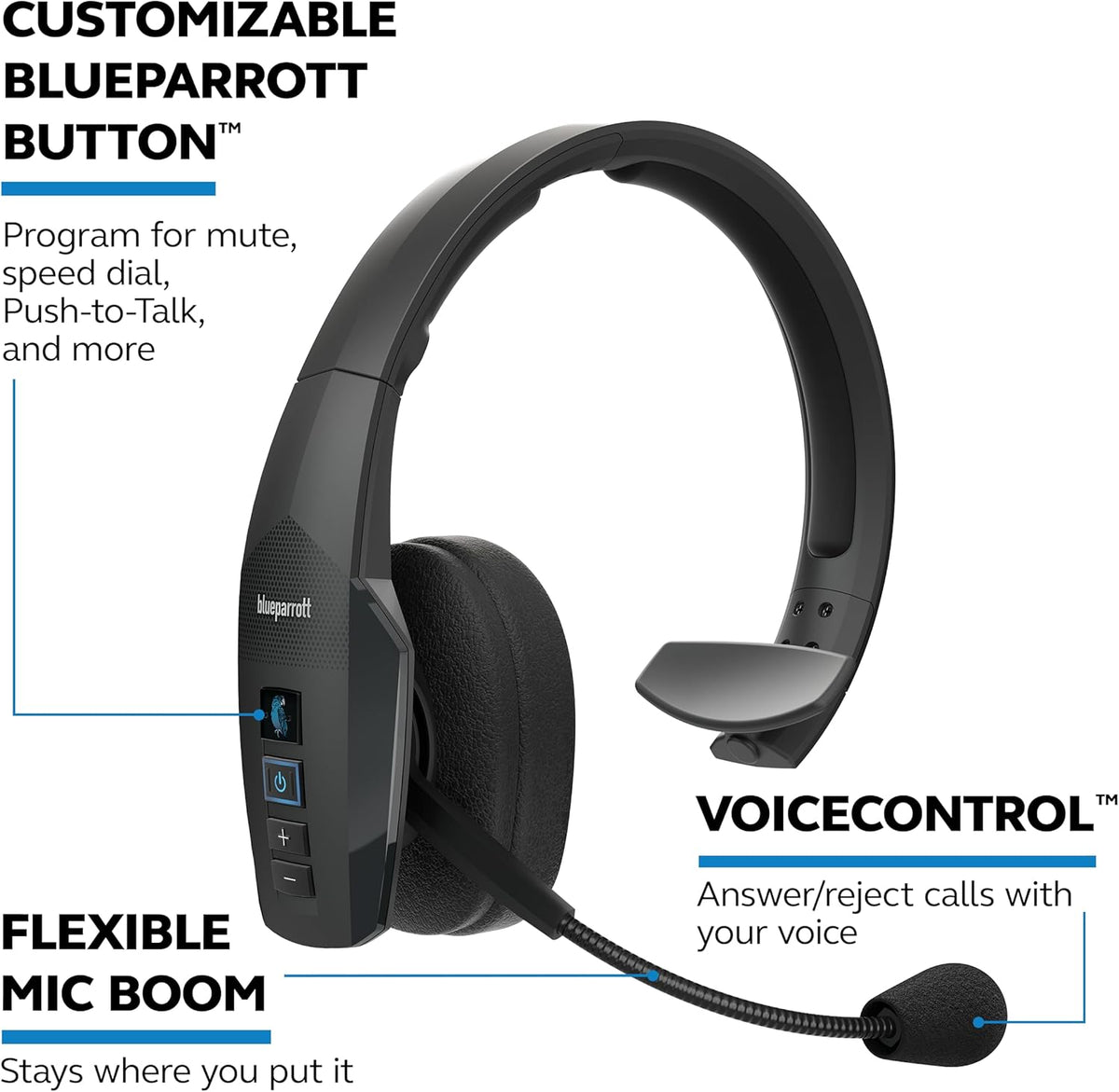 BlueParrott B450-XT Mono Bluetooth Wireless Headphones 96% Noise Canceling Over Head Trucker Headset with Mic, All Day Comfort Padded Headband, 300 ft. Wireless Range, 24 hrs. Talk Time, Black