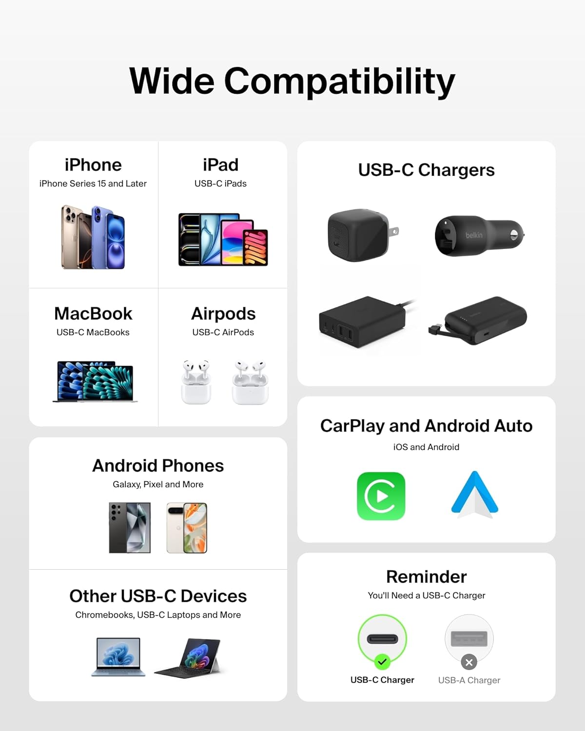 Belkin USB C to USB C Cable 2-Pack, 3.3ft, 60W - Type C Charger, iPhone Charger Cord, Soft, Braided, Flexible for iPhone 16, Galaxy S25, Pixel 9, Airpods, iPad Pro & More, Travel Essentials - White