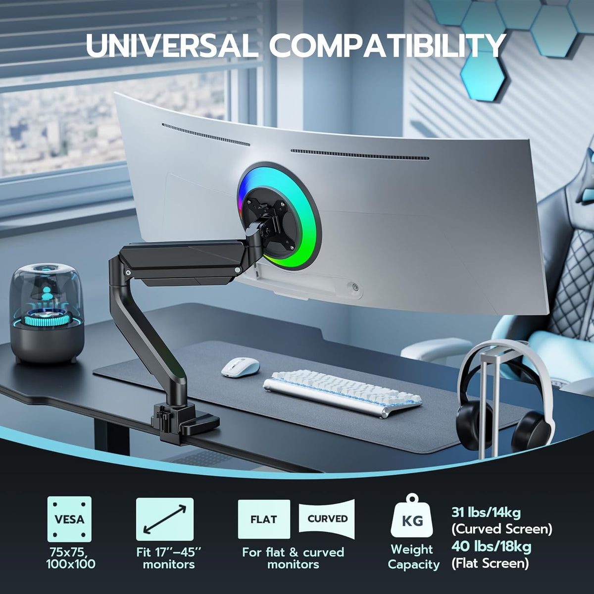 ARES WING Ultrawide Single Monitor Arm, Heavy Duty Monitor Mount for 13"-45" Curved Screens, Adjustable Stand for Desk with C-clamp & Grommet Base up to 40 LBS, Black