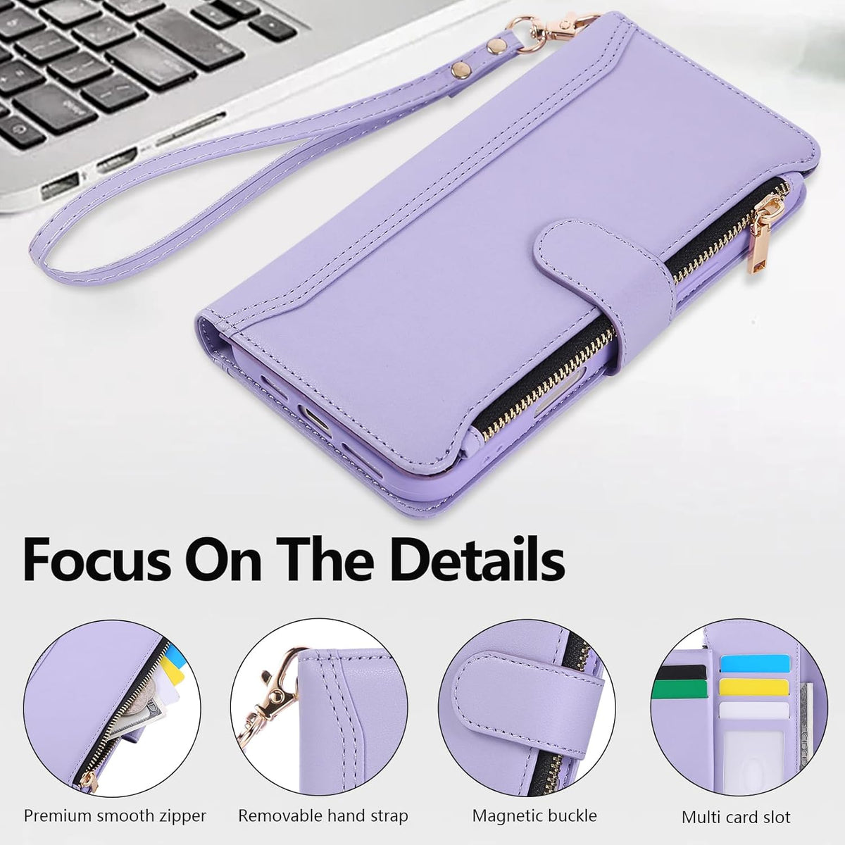 Compatible with iPhone 15 Pro Max Wallet Phone Case-PU Leather Magnetic Flip Cover with Credit Card Slots,Zipper Pocket & Detachable Wrist Strap,Shockproof Design,for Women and Men-Purple