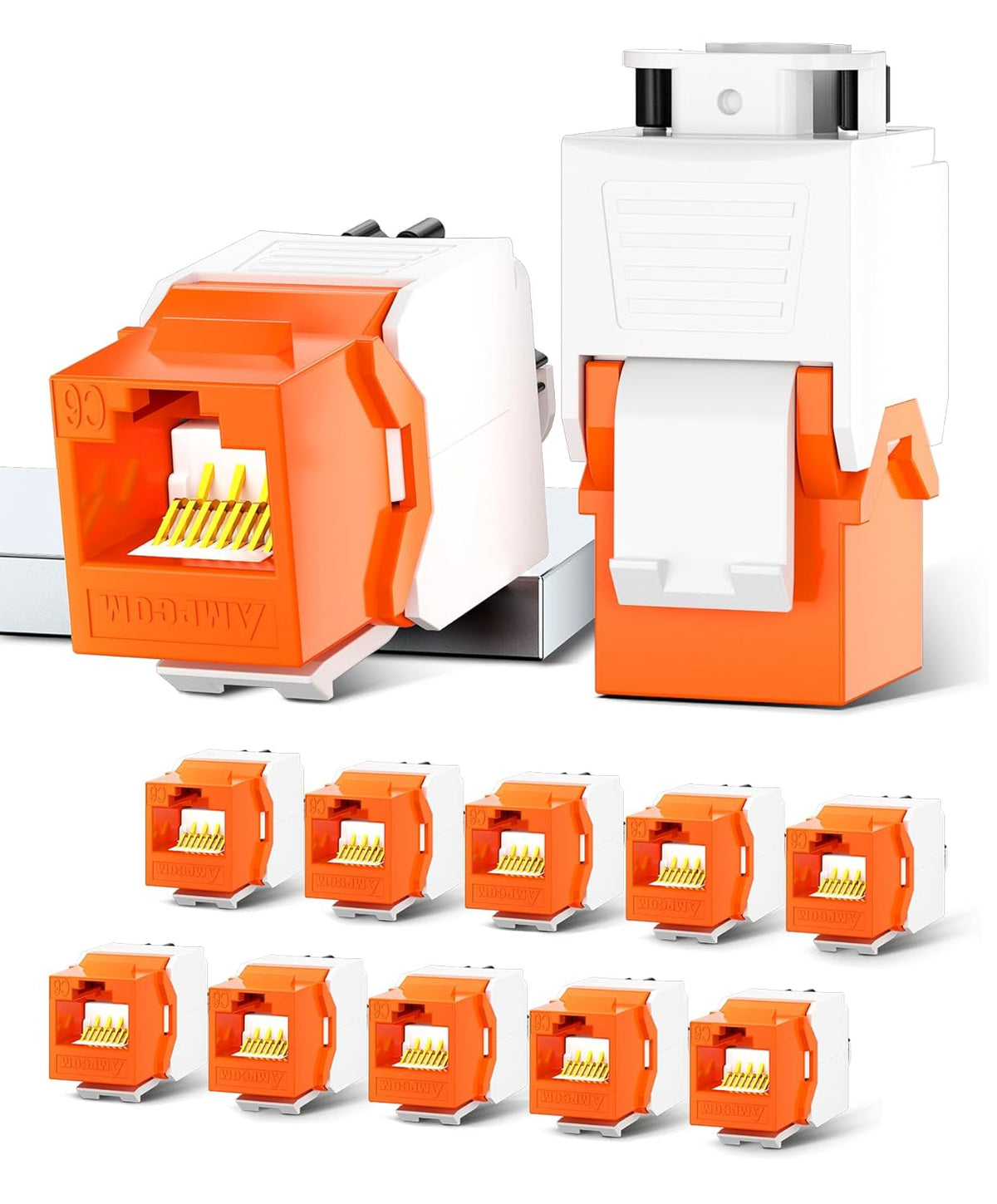 AMPCOM CAT6 RJ45 Keystone Jack - Reusable UTP Ethernet Wall Jack with Adjustable Ratchet Lock Design, No Tool and Zip Tie Required - 50u Gold Plated - Orange (12-Pack)