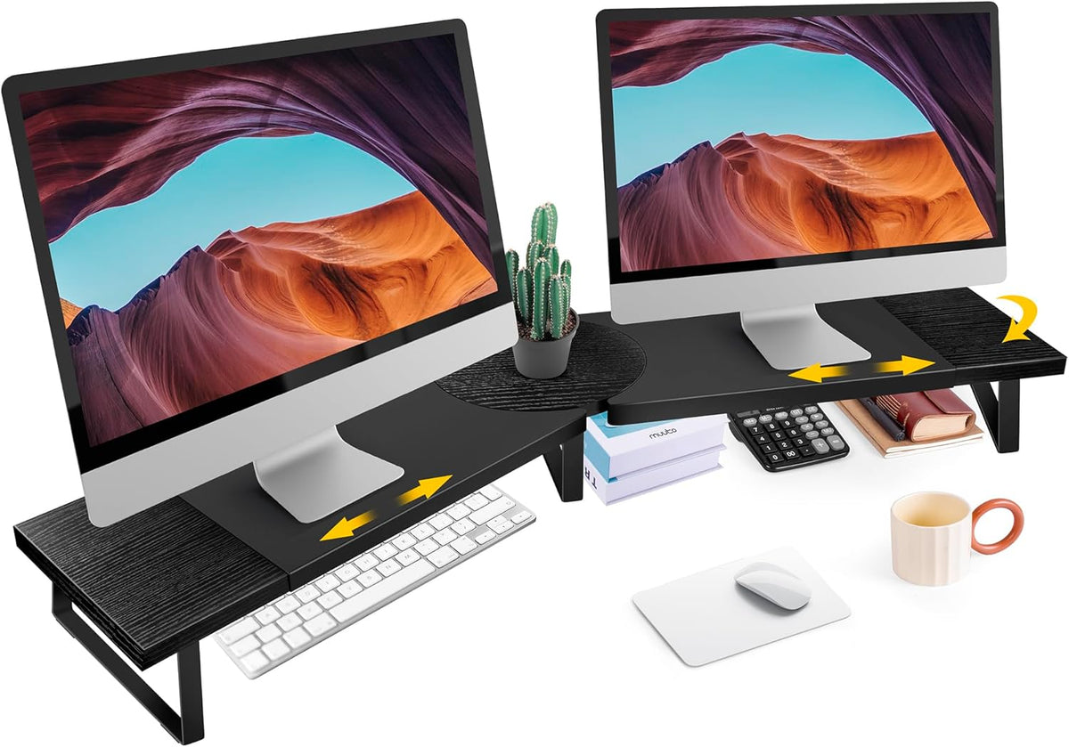 Dual-Monitor Stand for Desk - Large Adjustable Length and Angle Riser for 2 Monitors, Double Computer Desktop Organizer, Shelf for TV, Laptop, Printer