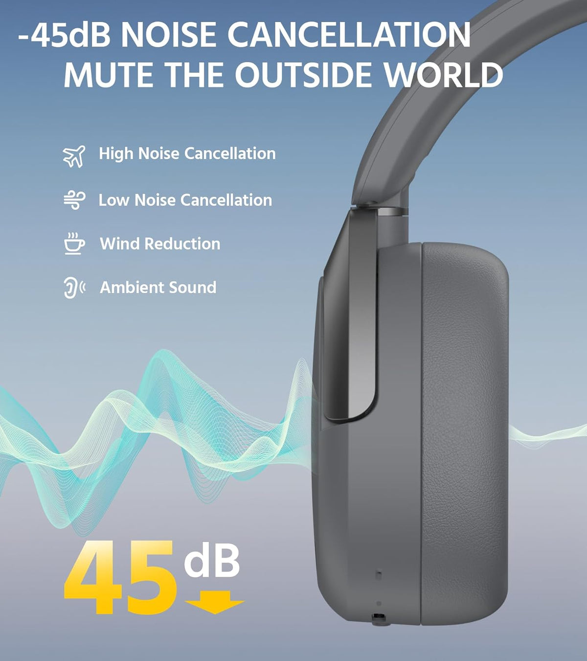 Edifier W830NB Wireless Over Ear Headphones with -45dB Active Noise Cancelling, 94H Playtime, LDAC Hi-Res Sound, Spatial Audio, Fast Charging, Multipoint Connection, Bluetooth V5.4 - Gray