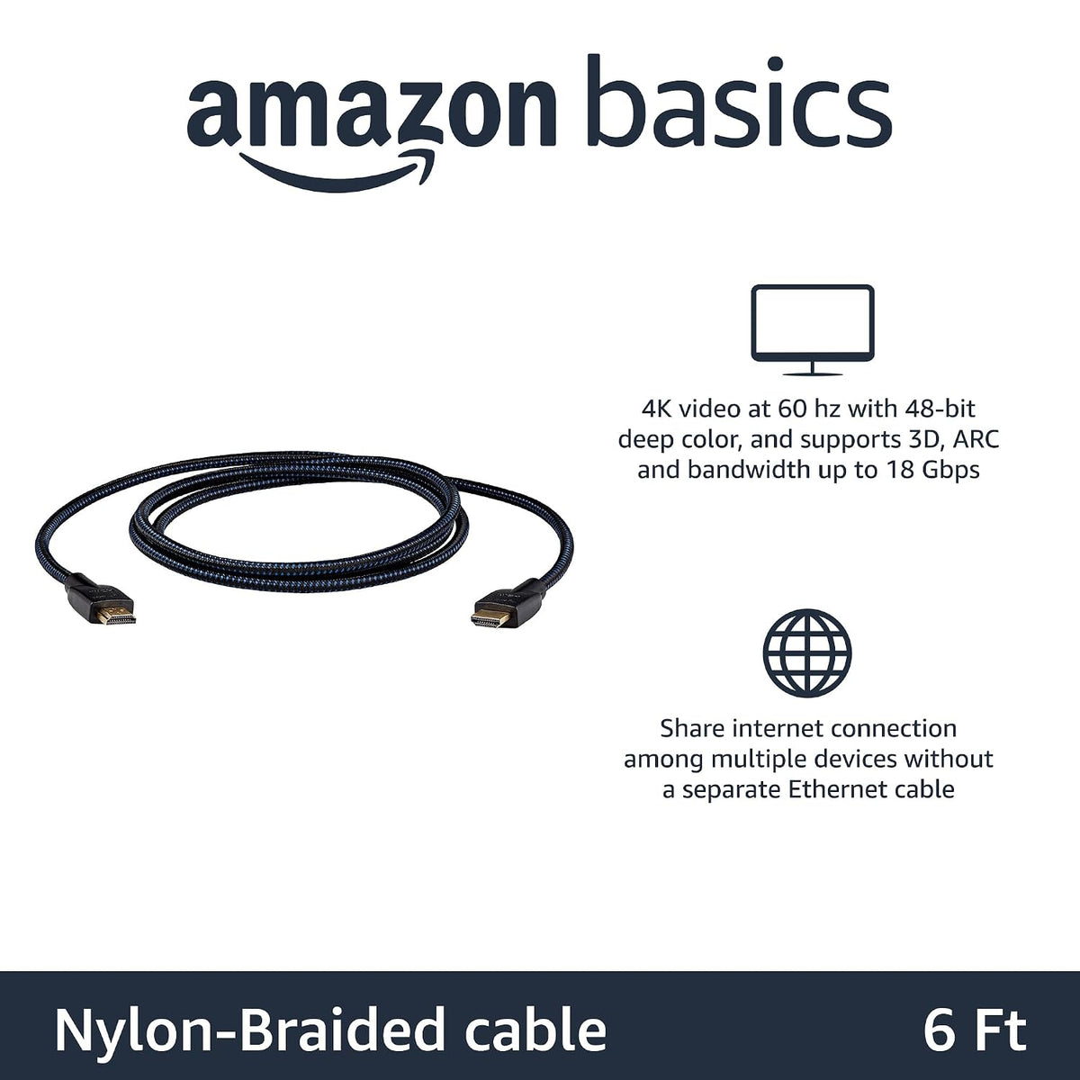 2.0 6ft, 4K@60Hz, 18Gbps, 2160p, 48 TV/PS5/Xbox/Roku/Blu-ray, 5-Pack Amazon Basics Nylon-Braided HDMI Cable, bit