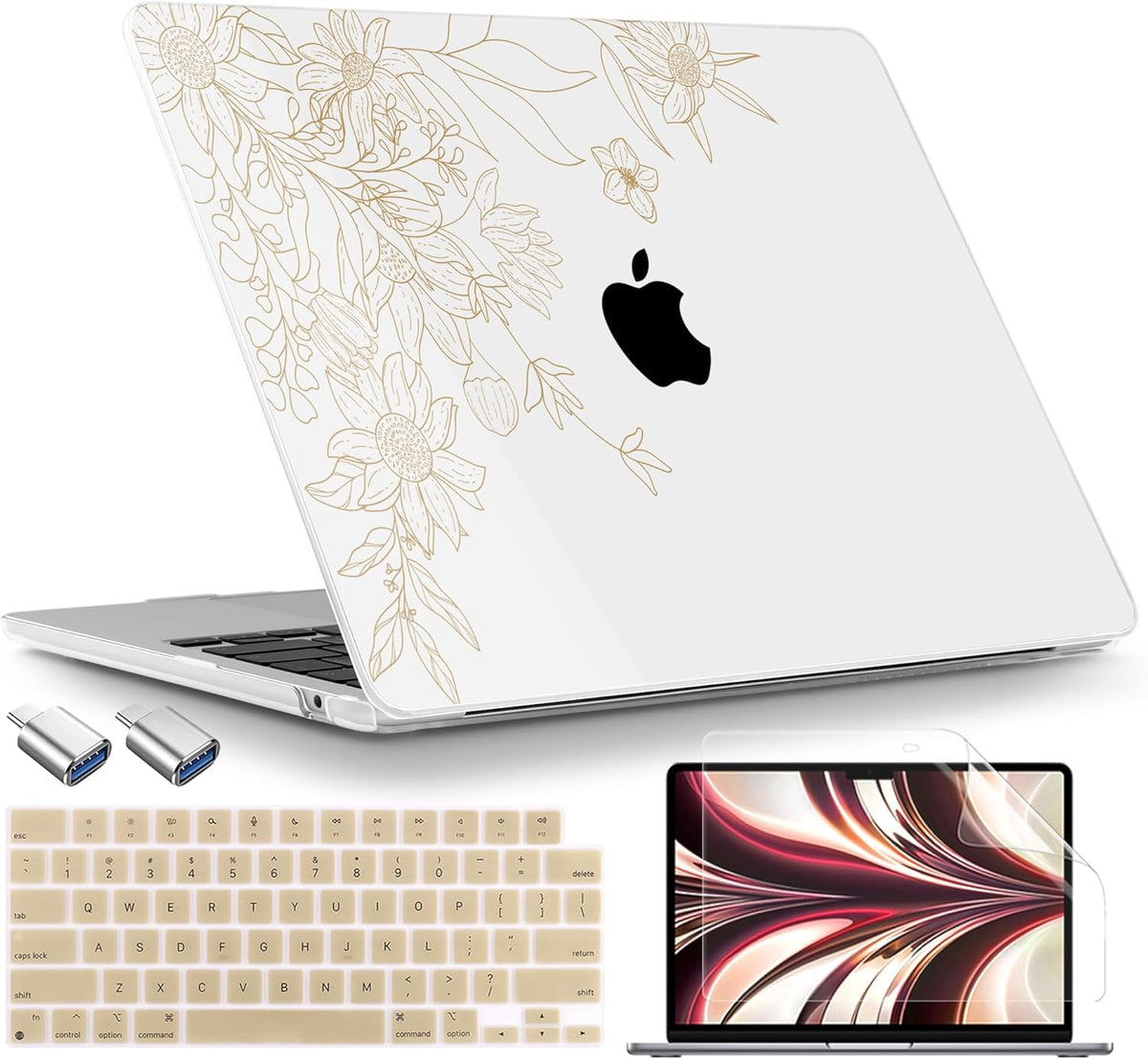 TWOLSKOO Compatible with M4 MacBook Air 13.6 inch Case 2025-2022 Release M4 A3240 M3 A3113 M2 A2681, Plastic Hard Shell & Keyboard Cover & Type C Adapter & Screen Protector, Monoline Floral