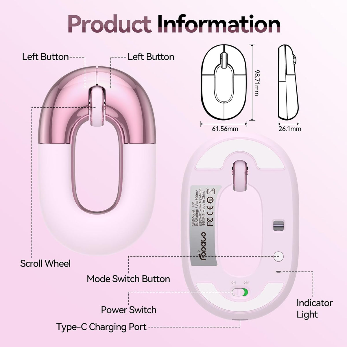 FOPATO 2.4G, 1200 Travel Mouse, Pink Wireless Mouse, Dual Mode Bluetooth & Rechargeable Silent Portable Mouse, Cute