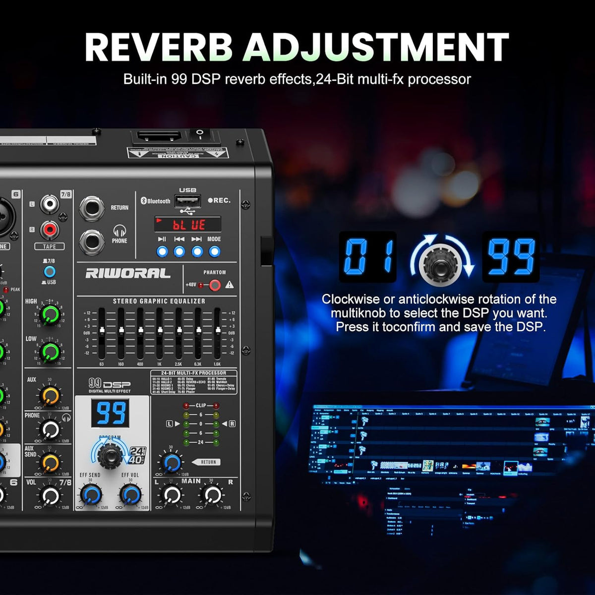 8 Channel Audio Interface DJ Mixing Sound Board 16 DSP Digital Effects With 40khz/24bit Bluetooth USB Rac Interface As Mp3 Player Audio Mixer For Karaoke Streaming Recording