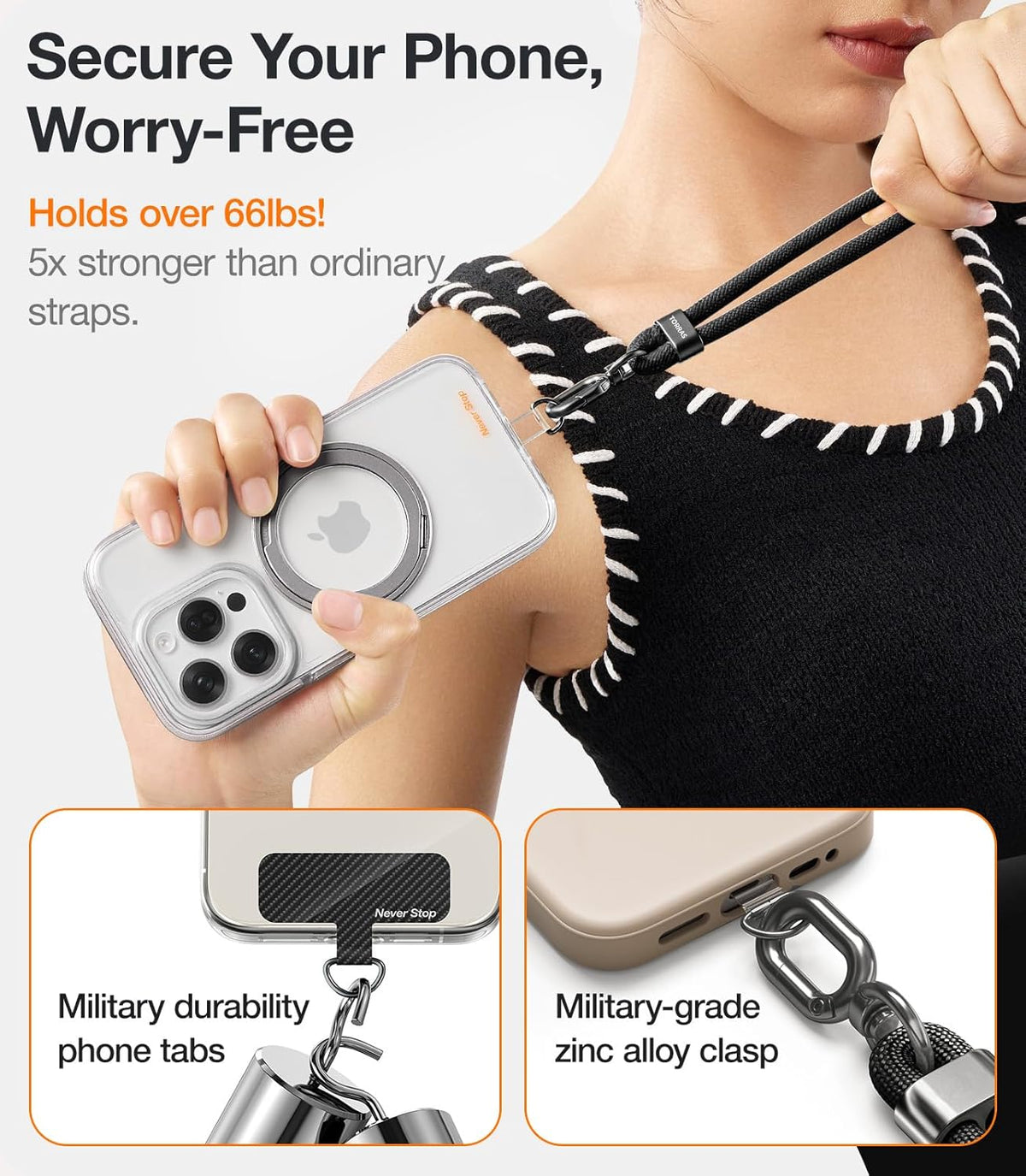 TORRAS Phone Lanyard Crossbody with 2 Phone Tabs, Adjustable Anti Theft Phone Strap for All Phones, Premium Metal Buckles, Skin-Friendly, Universal Cell Phone Neck lanyard for Travel Essentials, Black
