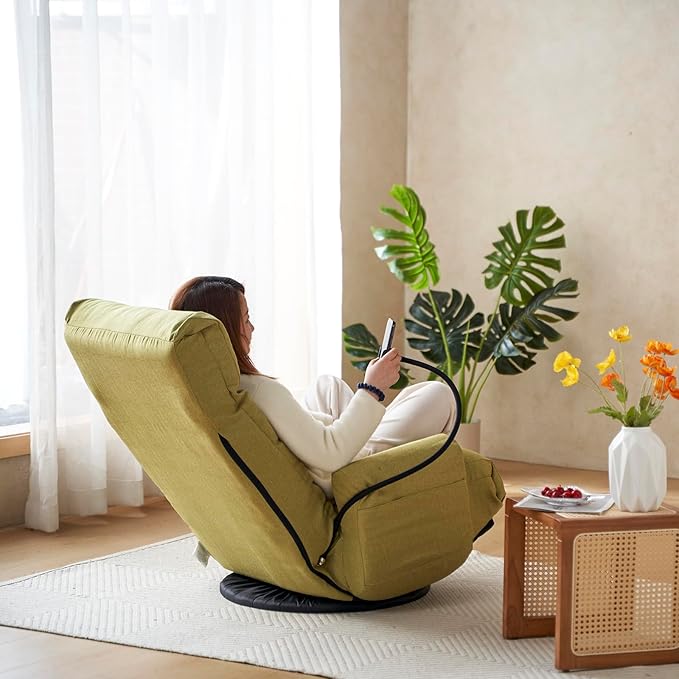 Floor Gaming Chair – 5-Position Adjustable 360° Swivel Folding Sofa Chair with Armrests Cushion-Padded Chaise Lounge for Teens &amp Adults (Green)