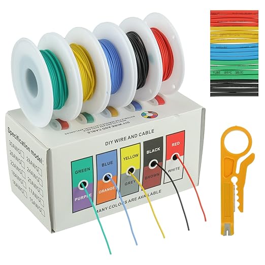 BOJACK 28 AWG Flexible Silicone Wire Electric Wire Hook up Wire Kit 300V Cables with Plus 20 φ2mm Heat Shrink Tubings and a Mini Wire Stripper(5 Colors 32.81Ft Each Color, 28AWG)