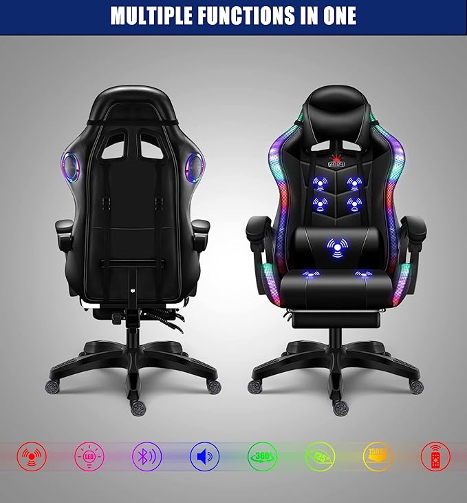 TBQATNTS Gaming Chair Gaming Chair with 7-Point Massage Function Computer Chair with Speakers and RGB Lights Ergonomic Racing Chair Gaming Chair for Adults with Headrest and Lumbar Pillow.Black