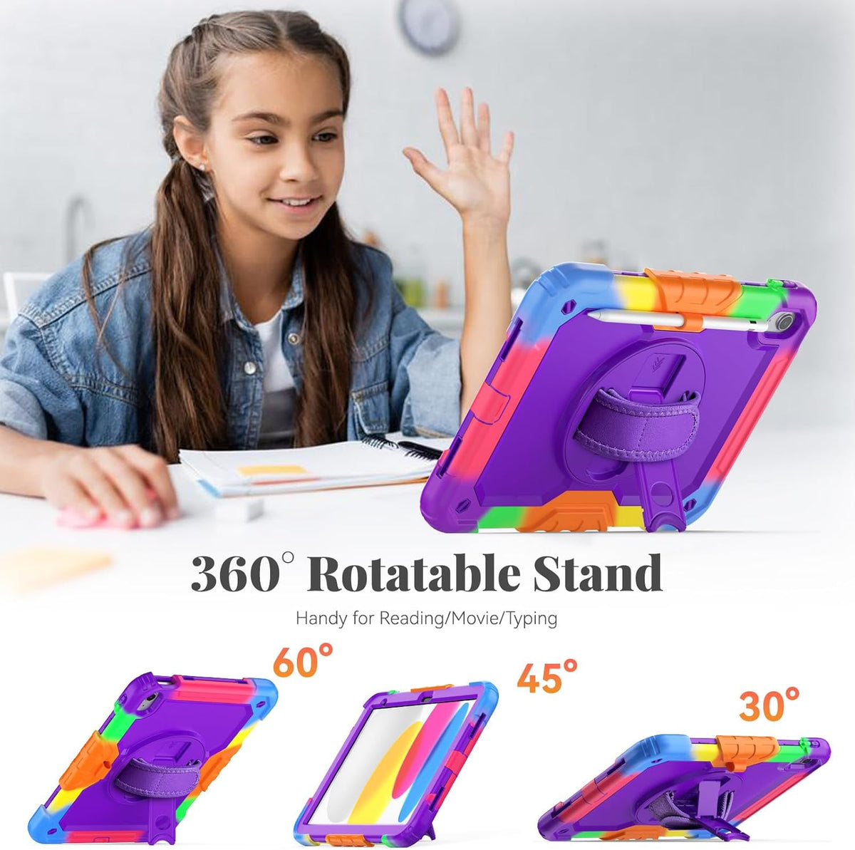 BLOSOMEET Case for iPad A16 11th/10th Generation 11''/10.9'' 2025/2022 with Tempered Glass Screen Protector & Pencil Holder, Rugged Military Grade Cover w/Stand Hand Shoulder Strap, Purple