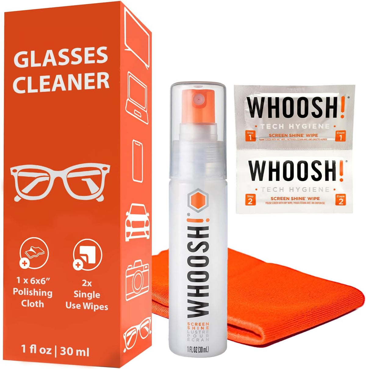 WHOOSH! Screen Shine Go 1 fl oz Glasses Cleaning Kit with Microsuede Cloth & Wet Wipes – Best for Eyeglasses, Sunglasses & Goggles - Safe Streak-Free Cleaning - Compact, Travel Sized Eyeglass Cleaner