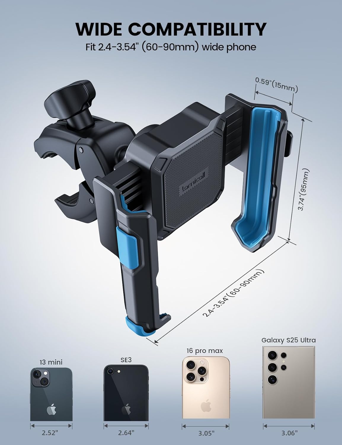 Lamicall Motorcycle Bike Phone Mount - [1s Quick Release] Bike Cell Phone Holder Clip, Bicycle Scooter Handlebar Clamp, for iPhone 16 15 14 Pro Max, Galaxy S25 S24 Ultra, 4.7-7" Phones, Blue