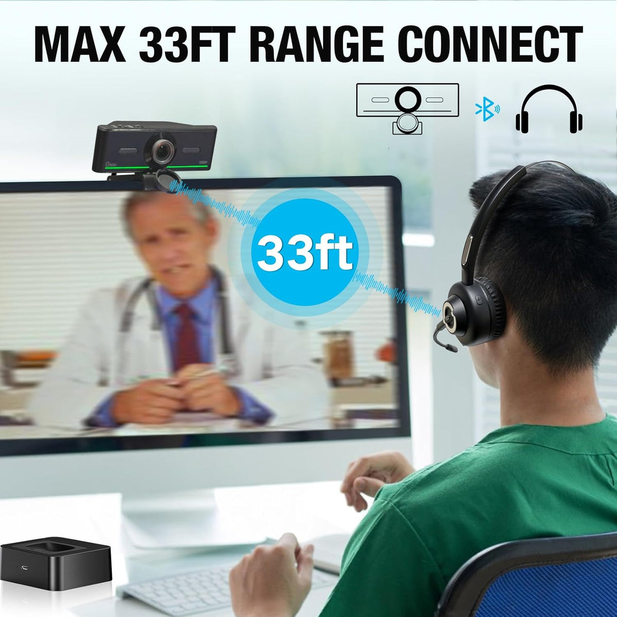 1080P Webcam with Mics, Auto Light Correction, USB Plug&Play, Privacy Cover, Computer Webcam Connect Bluetooth Headset/Earphone/Speaker, Full HD for Business Meetings & Live Streaming