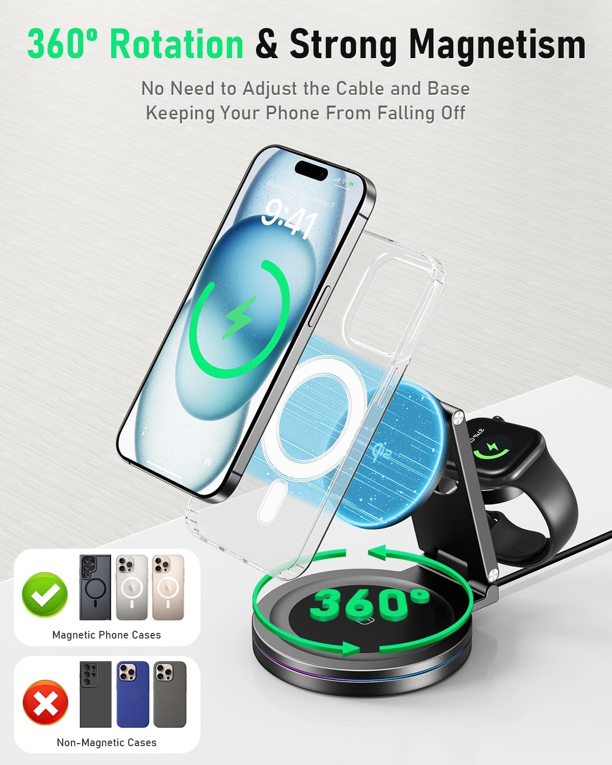 2025 Upgraded Qi2 Foldable 360º Rotatable Zinc Alloy 3 in 1 Magnetic Wireless Charging Station,3-in-1 Qi2 Charger for Apple iPhone 12~16,iWatch,AirPods(30W Adapter & Case Included)(Black)