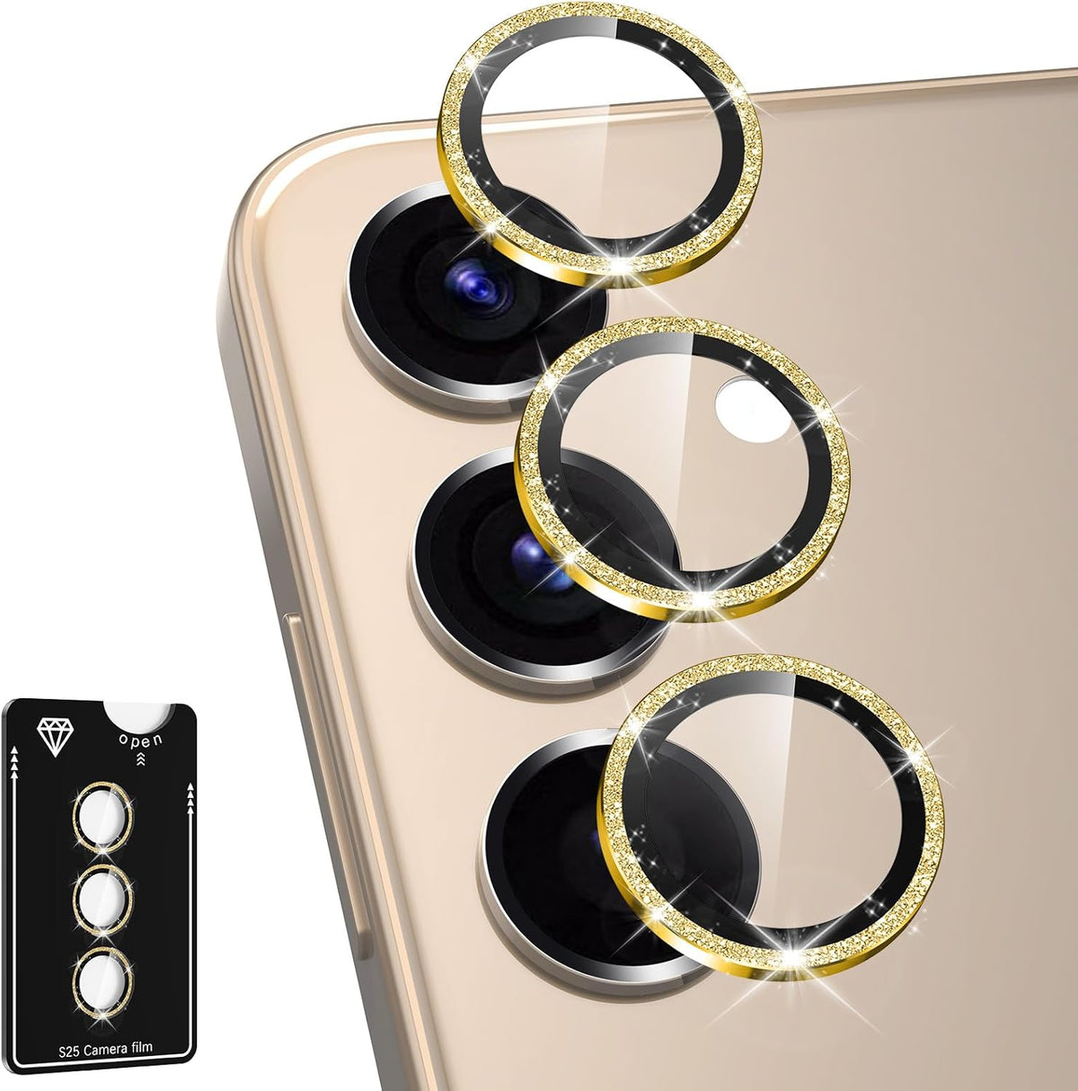 for Samsung Galaxy S25 Plus Camera Lens Protector, Individual Metal Ring Tempered Glass Lens Cover, [Strong Adsorption] Scratch Resistant Ultra-Thin HD Clear Lens Cover, 1 Set-Gold Sparkly