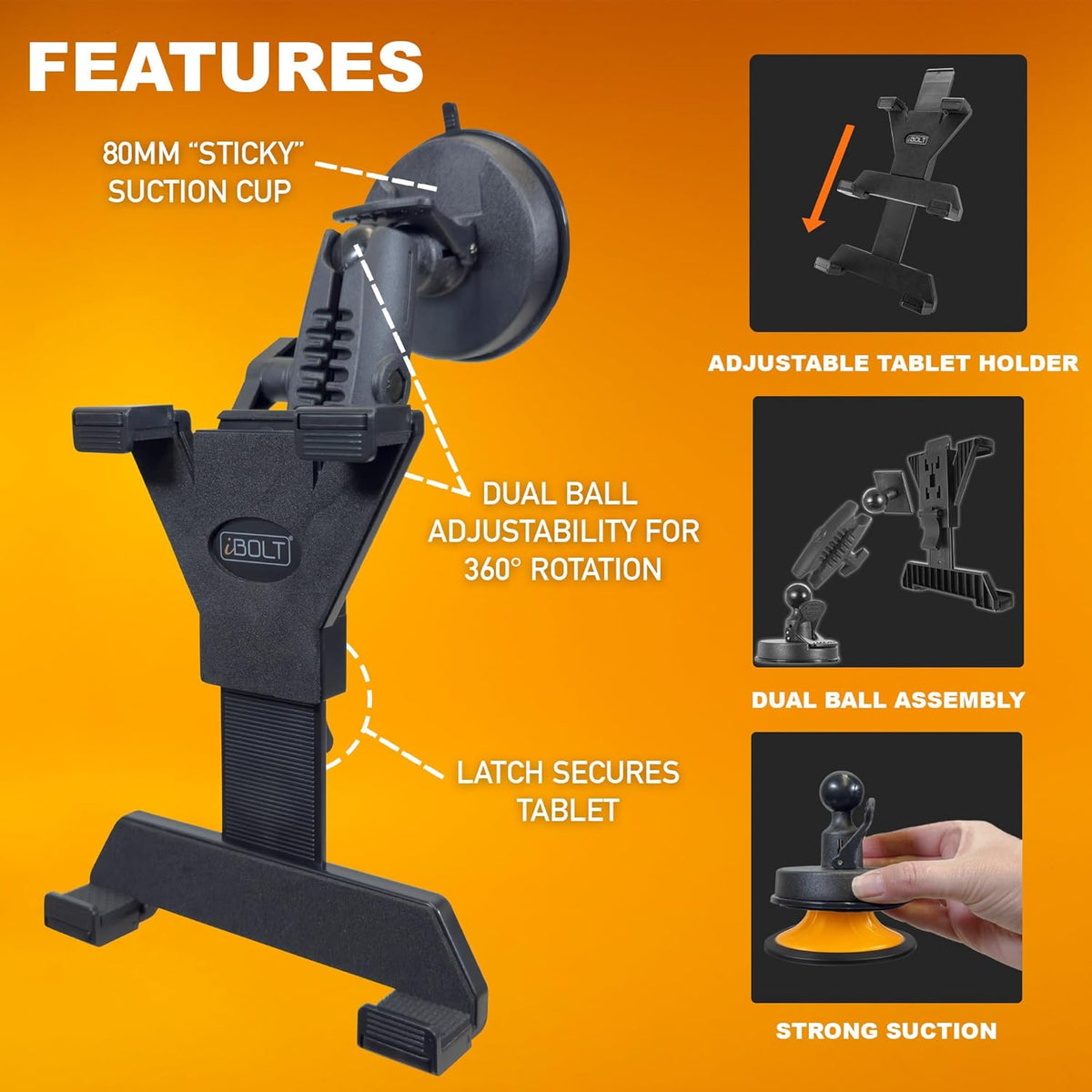 iBolt Tabdock BizMount -Holder/Mount with Suction Cup Base- for Your Windshield, Dashboard, or Desk - Compatible with All 7"-10" Tablets: iPad, Samsung Galaxy Tab, Google Nexus