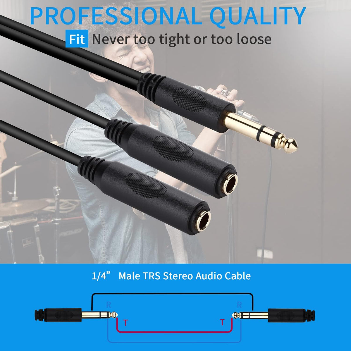 1/4 Splitter Cable, 1/4 Inch (6.35mm) TRS Male to Dual 1/4 Inch TRS Female Stereo Jack Adapter, Quarter inch TRS Headphone Splitter Cable - 8 inches/20cm
