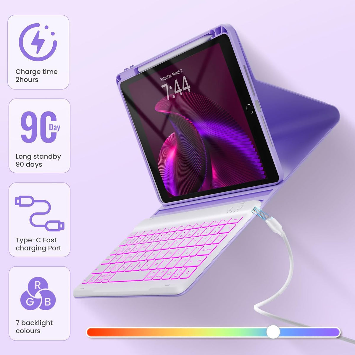 OYEEICE Keyboard Case for iPad 9th Generation - Detachable Wireless Backlit Keyboard, Magnetic Cover with Pencil Holder for iPad 9th/8th/7th Gen 10.2 inch, iPad Pro 10.5" & iPad Air 3rd - Purple