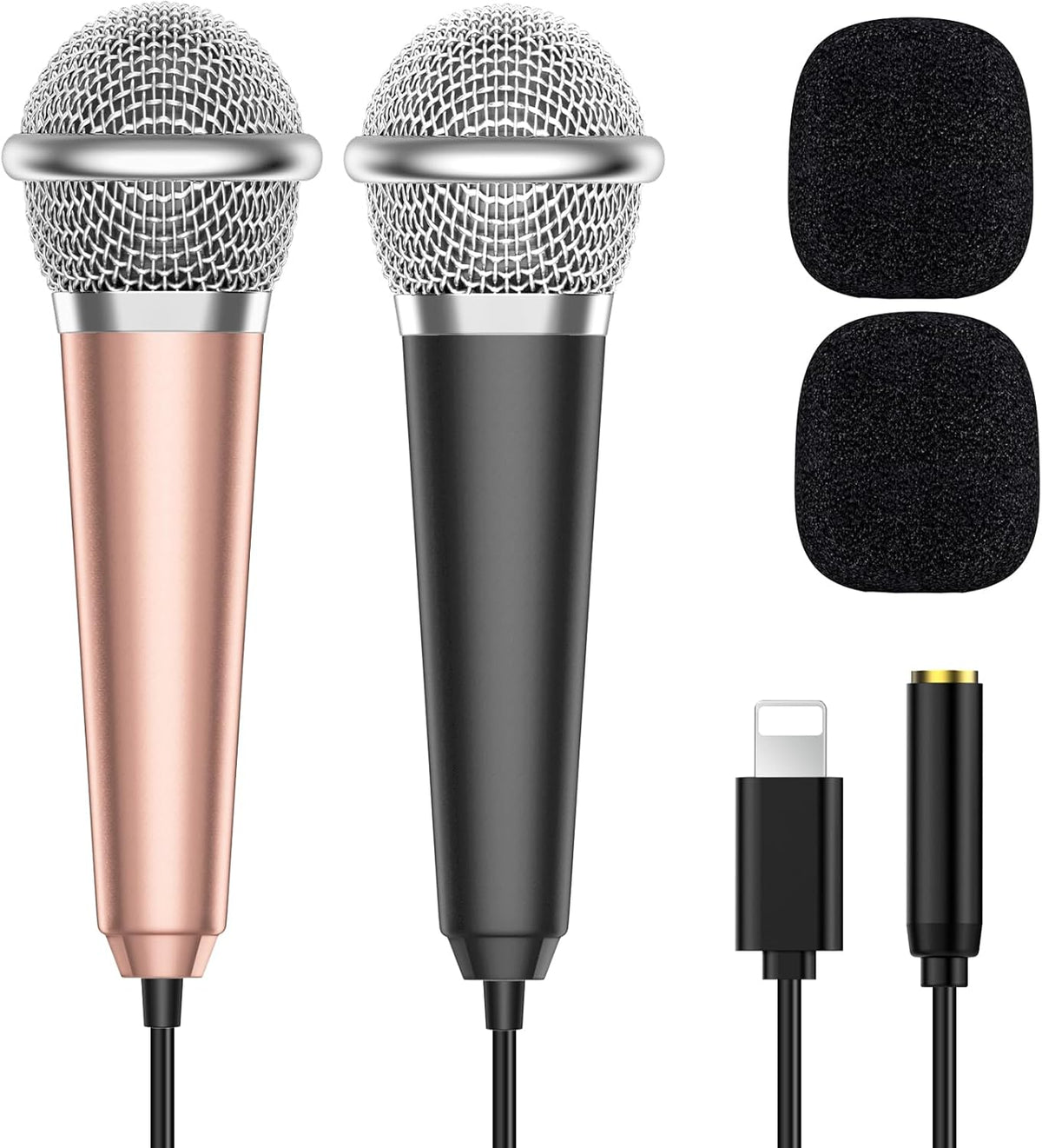 2PCS Mini Microphone for iPhone iPad Small ASMR Tiny Microphone for Voice Video Recording Singing, Vlogging, YouTube Two Mics Rose Golden and Black