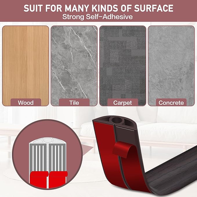 Floor Cord Cover Self Adhesive Cord Hider Floor Extension Cord Covers for Floor Power Cord Protector Cable Management Prevent Cable Trips Cable Cavity 0.32" W x 0.32" H (Dark Walnut, 20Ft)