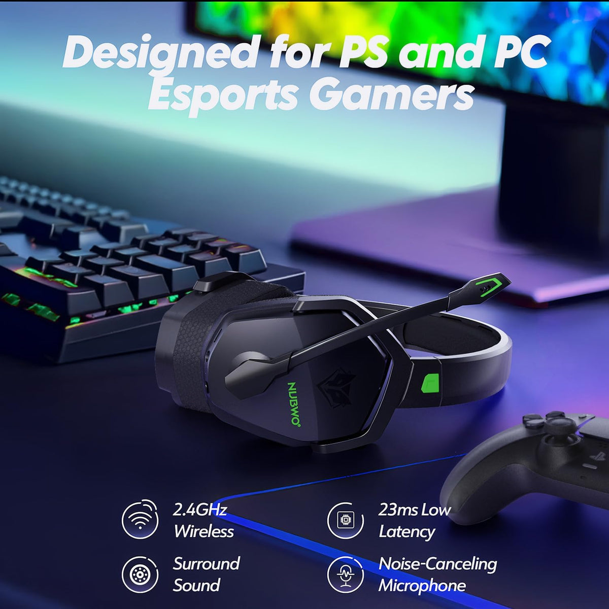 NUBWO G06 Dual Wireless Gaming Headset with Microphone for PS5, PS4, PC - 23ms Low Latency Audio - 100-Hour of Playtime - 50mm Drivers (Black-Green)