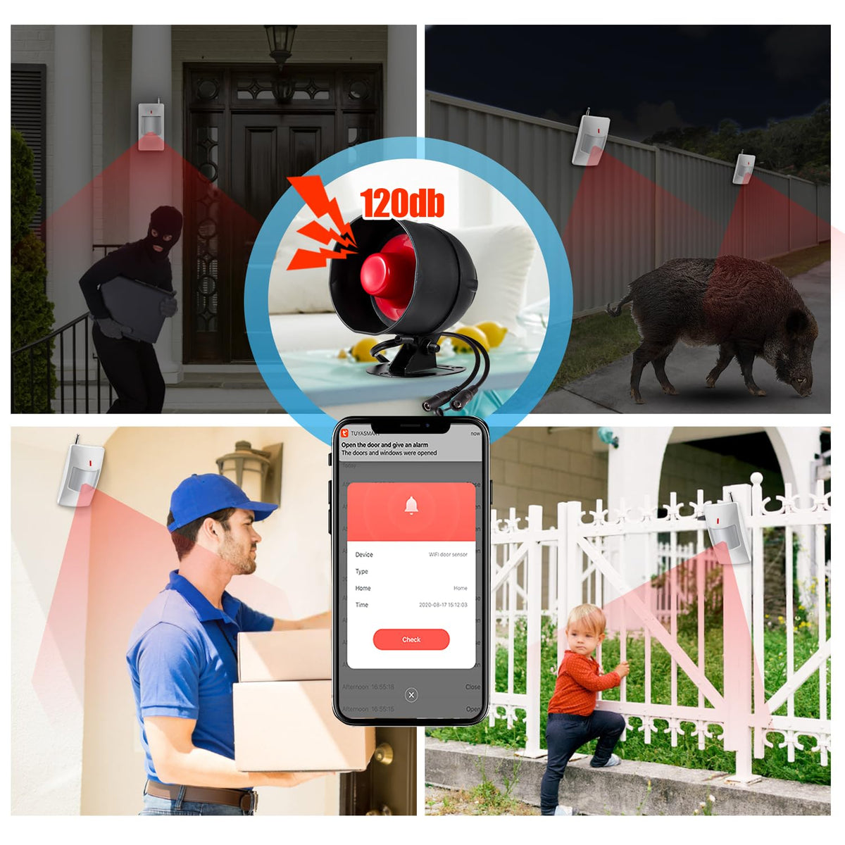 WiFi Alarm System for Home Security, 120dB Wireless Alarm Security System with Free Notification APP Control and Motion Sensor Siren, Remote Control