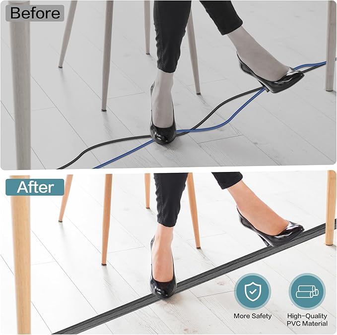 Floor Cord Cover Self Adhesive Cord Hider Floor Extension Cord Covers for Floor Power Cord Protector Cable Management Prevent Cable Trips Cable Cavity 0.32" W x 0.32" H (Deep Grey Wood, 3.3Ft)