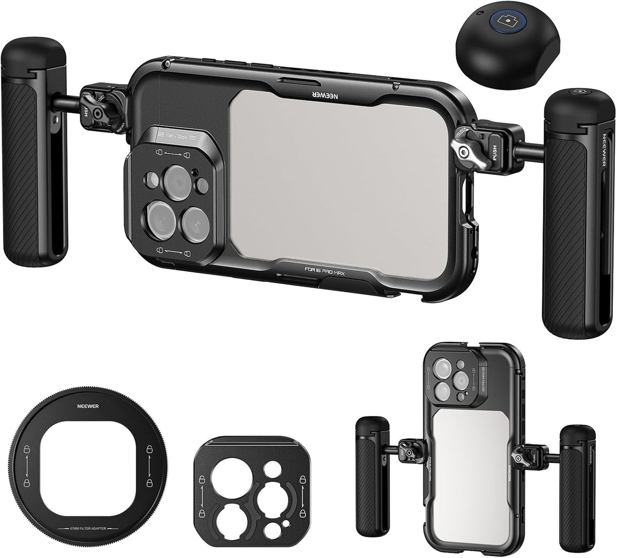 NEEWER 16 Pro Max Cage with Two Quick Release Side Handles, Phone Video Rig Kit with 67mm Filter Adapter, 17mm Lens Mount, T Mount Lens Adapter Compatible with iPhone 16 Pro Max (PA074+PA045E+PA045B)
