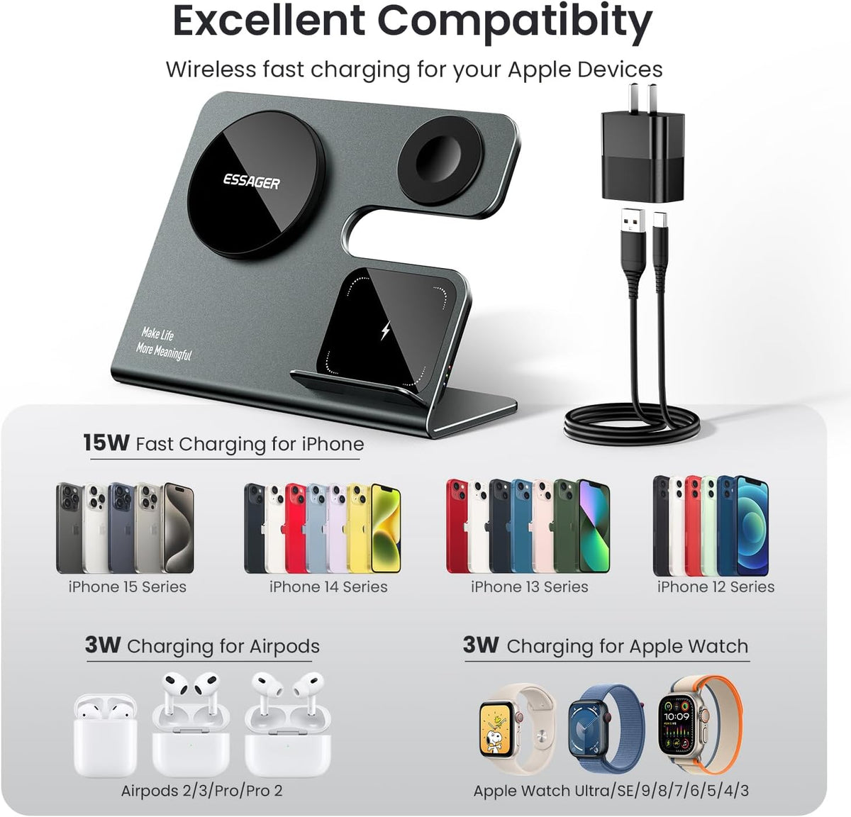 3 in 1 Aluminum Alloy Magnetic Wireless Charging Station Compatible with iPhone 16/15/14/13/12 Series, ESSAGER 15W Wireless Charger Office Bedroom Table for Airpods 4/3/2/Pro, iWatch with 20W Adapter
