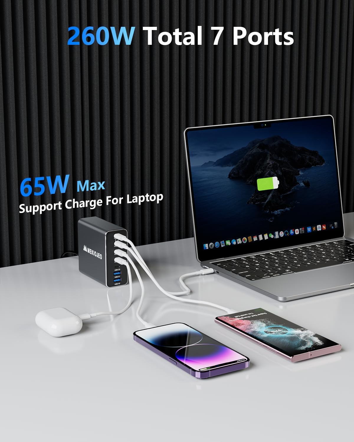 Aluminum Alloy 260W USB C Charger GaN Fast USB C Charging Station 7 Ports 65W Laptop Charger for MacBook Pro/Air/iPad Pro/iPhone (Gray)