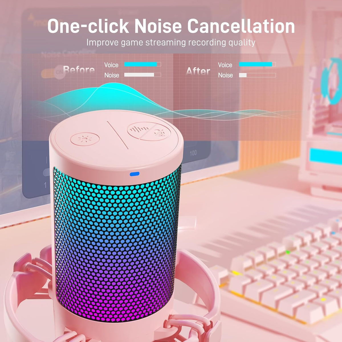 MAONO Gaming Microphone with Noise Cancellation, USB Condenser Mic for Streaming, Podcast, Twitch, YouTube, Discord, PC Desktop Computer Mic for PS5, GamerWave DGM20 Pink